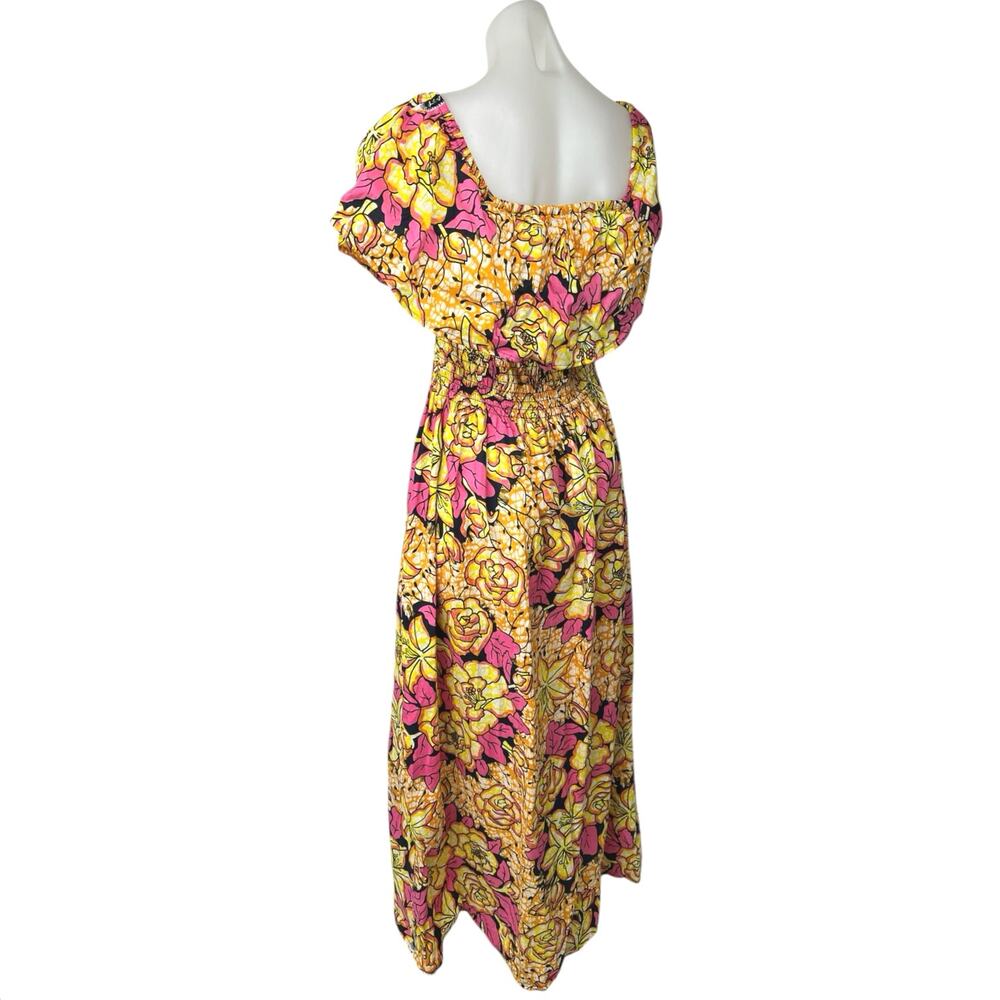 Marine Women's Yellow Pink Floral Tropical Smocked Waist A Line Maxi Dress Sz L - Picture 2 of 4